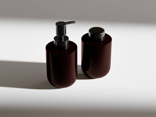 istock Amber plastic pump dispenser bottle mockup, Pump bottles and refill packaging mockup, dark brown plastic cylindrical body wash packaging mockup, amber glass lotion container, liquids dispenser mockup 2192017169