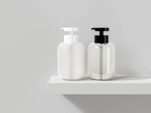 istock Pump bottles mockup, set of two round cylindrical shape dispenser bottle dispaly on bathrrom background, translucent plastic body wash packaging, frosted plastic liquids dispenser bottle 2192017192