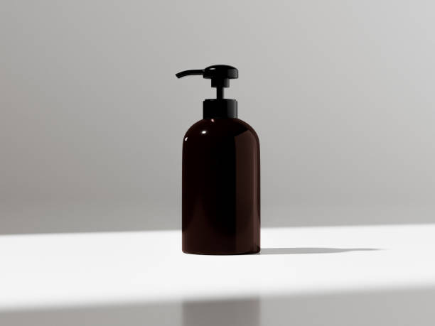 cylindrical Pump bottle mockup, liquid lotion dispenser bottle, amber plastic pump packaging, UV Protective container, amber glass soap and hair product bottle mockup, clean beauty product