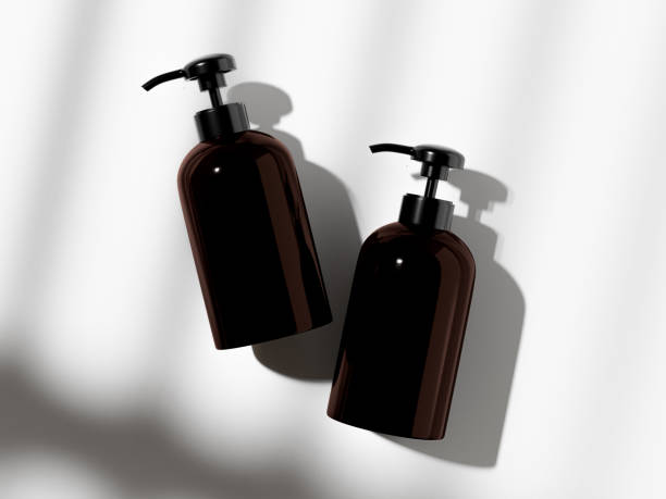 istock Pump bottles mockup, cylindrical lotion dispenser bottles, amber plastic body wash packagings, amber glass liquid lotion dispenser contributor, dark brown PET bottle, clean beauty product mockup 2192017254