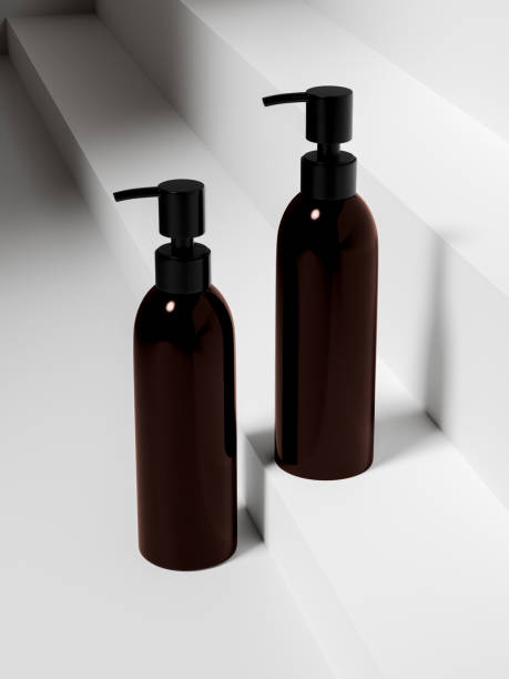 istock amber glass Pump bottle mockup, cylindrical lotion dispenser bottle, elegant PET plastic pump packaging, UV protective lotion container, liquids dispenser, dark brown liquid hair product bottle mockup 2192017264