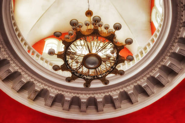 A large chandelier inside the Chernihiv railway station.