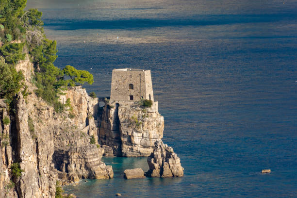 Small medieval tower Positano village by Amalfi coast, Italy