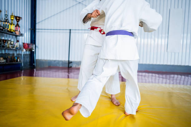 istock Low section of judo athletes fighting on a dojo 2192019087
