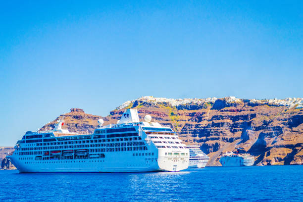 Scenic view of breathtaking Azure Caldera bay and cruise ships,Santorini island,Greece