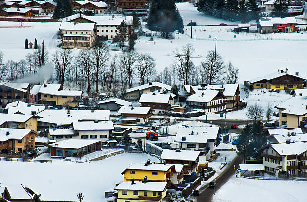 The view of a remote village close to a ski resort taken from top of the montain.