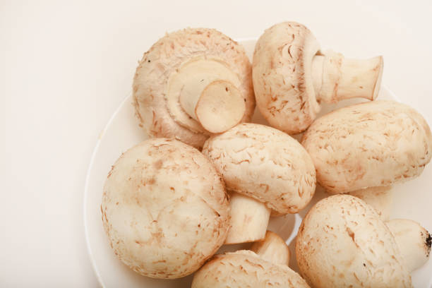 Fresh champignons on a white plate. Mushrooms on a white background.