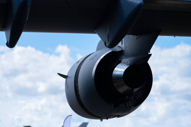 Large aircraft engine on a military transport plane.