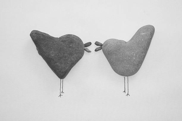 Conceptual studio image created from rocks shaped into the formation of the side profile view of two birds that are face to face on a plain grey background.