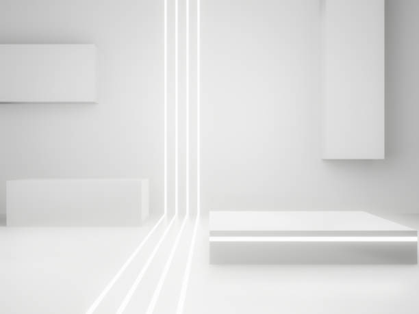 istock 3D White Sci-Fi product display mock up. Scientific podium with white neon lights 2192029662