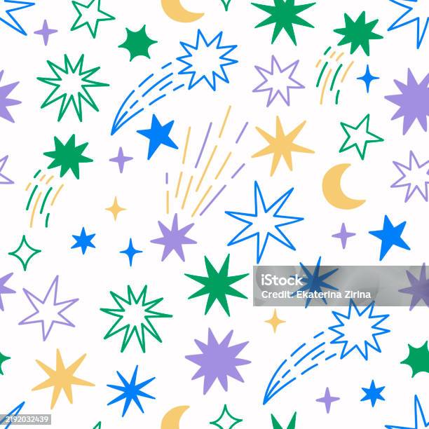 Simple Vector Stars Background Seamless Pattern Of Simple Stars And Comets On A White Background Stock ...