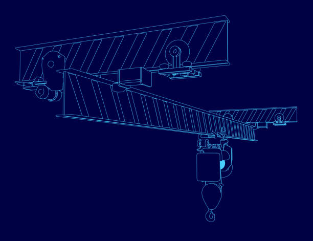 Blue drawing of a crane. The crane is shown in a blue color scheme