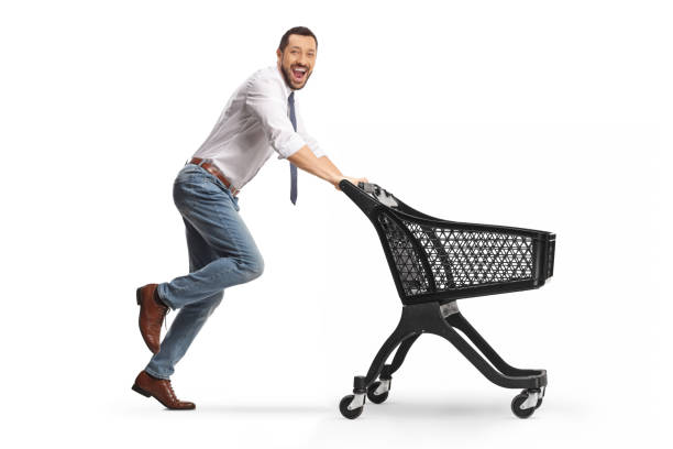 istock Businessman running with an empty plastic shopping 2192042918