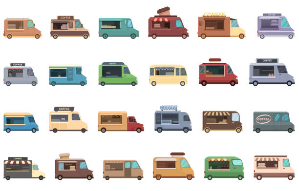 istock Coffee truck cafe icons set cartoon vector. Food business 2192045363