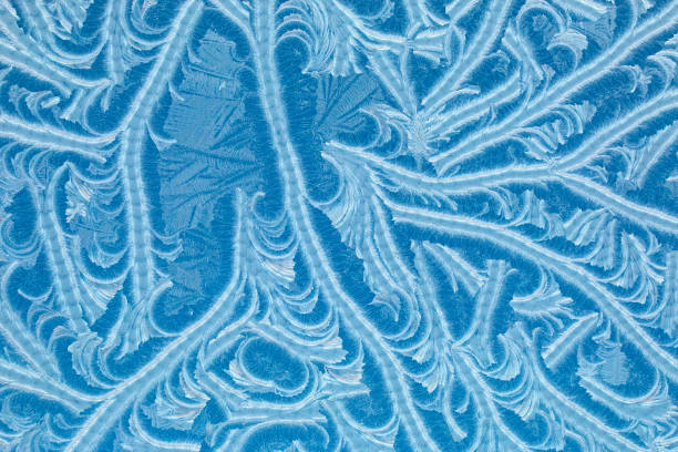 Enchanting ice flowers on the window form abstract decorative shapes, white and blue artistic abstract figures form enchantment on window. Beautiful ice flower structures, white and blue organic artistic structures form enchantment. wonderful world of ice flowers in winter on the window