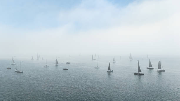 Foggy morning in Santa Barbara over ocean with sailboats