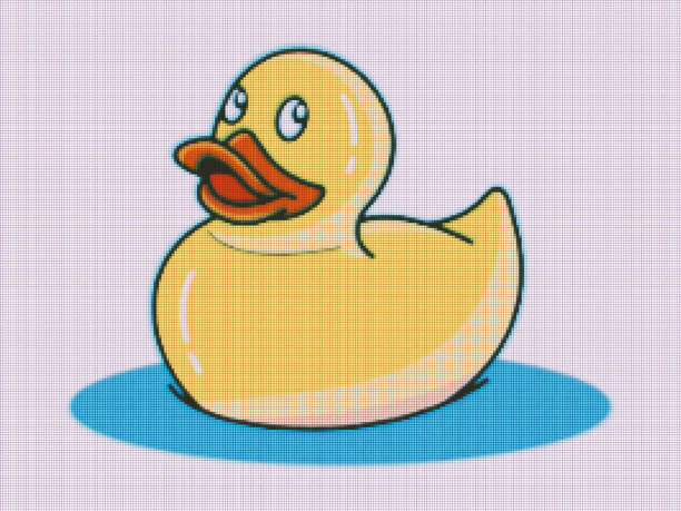 cute little yellow duck swims in the water. Cool pixel art look.