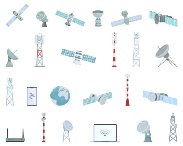 ilustrații de stoc cu pictograme internet prin satelit set vector de desene animate. comunicare cu antena - satelit