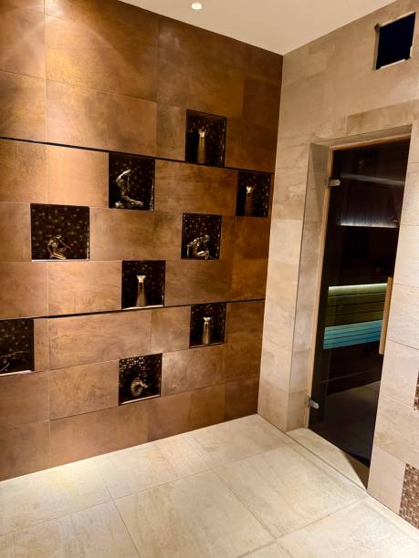 istock Luxury Sauna Entrance with Decorative Wall Design 2192058397
