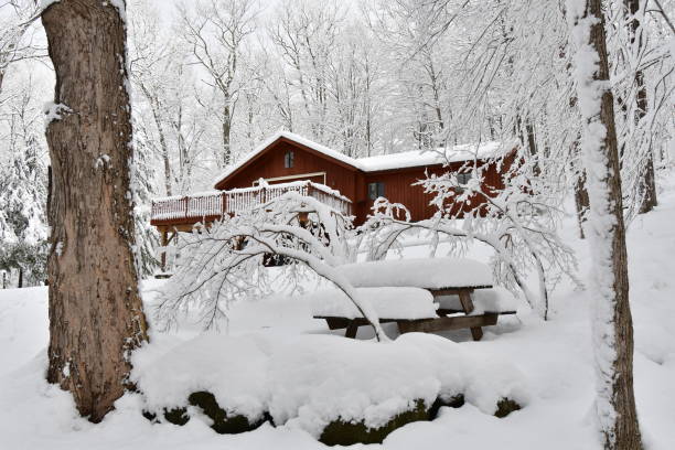 Country house in snow, located in Washington, Connecticut, an affluent small town in the Litchfield Hills, where many New Yorkers have weekend homes. Photographed on March 8, 2018 during a nor'easter that brought heavy snow. The large tree in the foreground -- near a picnic table and snow-covered boulders -- is a sugar maple. The house, owned by the photographer, is on a dirt road designated by the town as scenic. Washington is 75 miles from New York City (as the crow flies). Snowy winters here are becoming less common due to climate change.