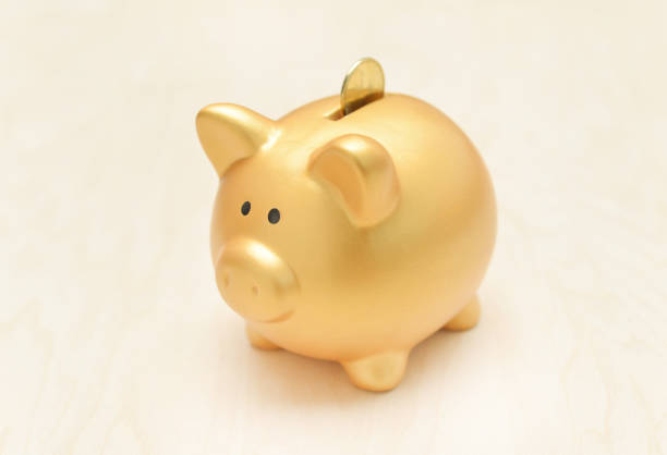 Closeup of a mass produced, generic piggy bank with a coin in the slot.