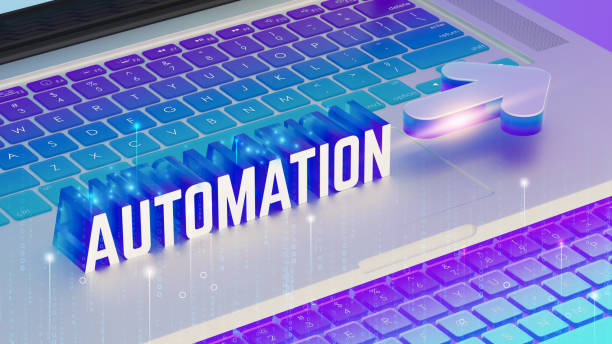 istock Futuristic keyboard, glowing neon purple and blue, 3D AUTOMATION text, holographic display, binary code overlay, sleek technology, arrow icon, high-tech concept, photorealistic render, 8K resolution, dramatic composition, 3D render. 2192074686