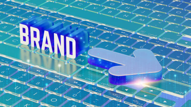 3D illustration, computer keyboard, glowing blue BRAND text, digital arrow icon, futuristic, cyan and blue color scheme, technology concept, digital marketing, brand strategy, glossy surface, neon lighting, isometric view, high-tech, virtual branding, computer graphics, vibrant, detailed, sharp focus