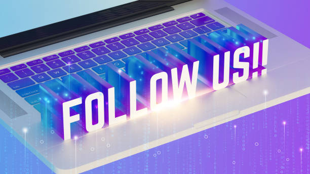 istock FOLLOW US text, laptop keyboard, purple and blue gradient, glowing effect, digital matrix background, isometric view, sparkling particles, 3D render. 2192075027
