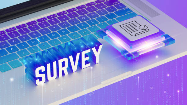 istock Laptop keyboard, glowing purple and blue gradient, SURVEY text, digital data streams, neon lights, holographic icon, cyberpunk aesthetics, high-tech, isometric view, binary code background, 8K render. 2192075694