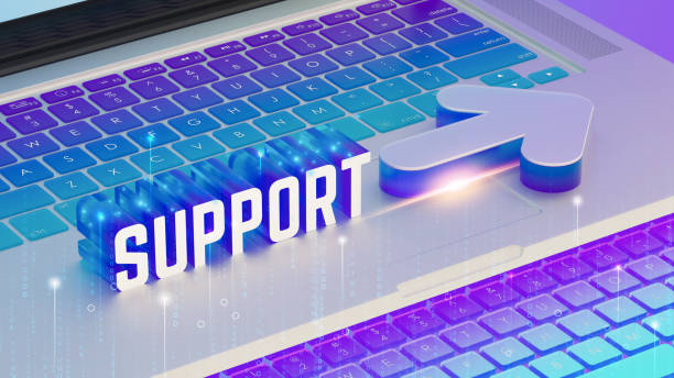 istock Keyboard, neon purple and blue, SUPPORT text, arrow icon, digital data streams, futuristic design, isometric view, high-tech, 8K render. 2192075743