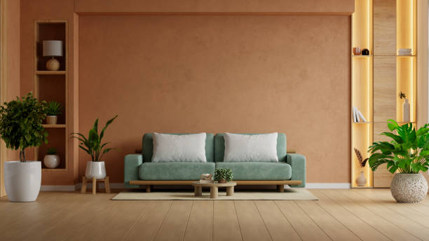 istock Home interior with green sofa on empty dark brown wall background,Minimal room- 3D rendering 2192079078