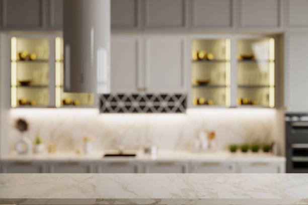 istock kitchen with a counter and cabinets,Empty marble table with the bright gray interior- 3D rendering 2192079087