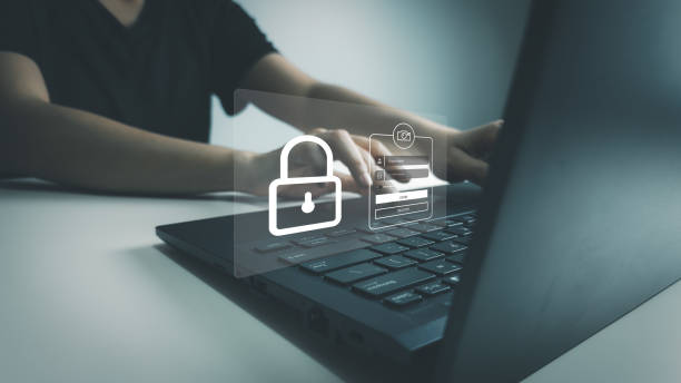 istock Password and username for access data of laptop, security to login with otp and digit code, send from system service to mobile phone 2192083354