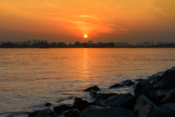 Sunset view over the lake in the evening