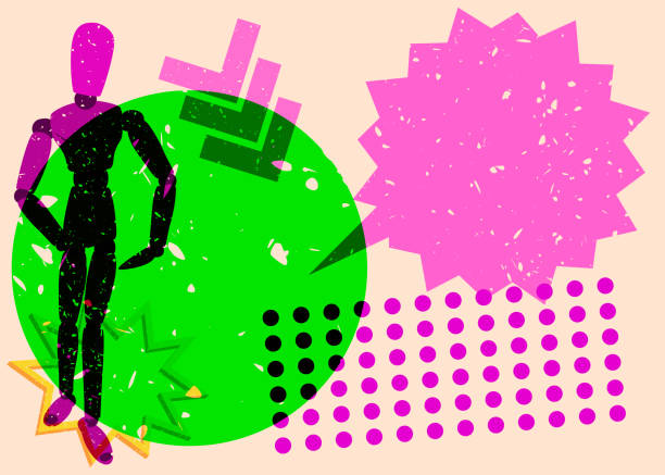 istock Risograph Wooden Puppet, Mannequin with speech bubble with geometric shapes. Objects in trendy riso graph print texture style design with geometry elements. 2192094013