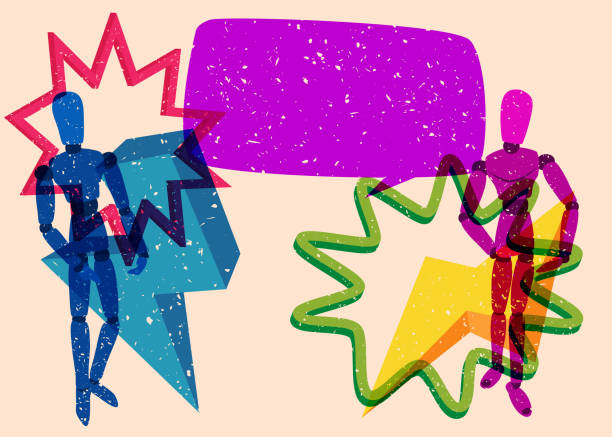 istock Risograph Wooden Puppet, Mannequin with speech bubble with geometric shapes. Objects in trendy riso graph print texture style design with geometry elements. 2192094018