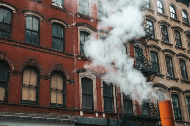 Steam vapor between New York buildings in Lower Manhattan.
