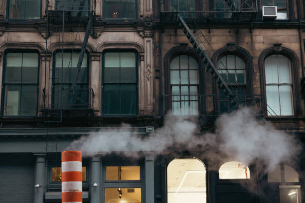 Steam vapor between New York buildings in Lower Manhattan.