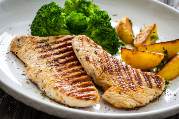 istock Barbecued turkey breast and broccoli on wooden table 2192101088