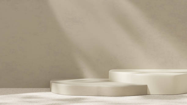 istock Empty mockup featuring a ceramic textured podium against a simple brown wall in a landscape layout 2192101387