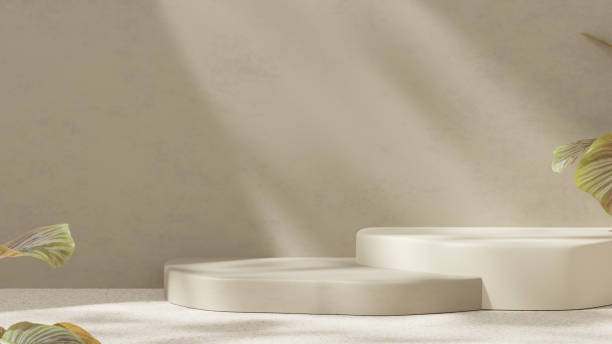 istock Empty mockup featuring a ceramic textured podium against a simple brown wall in a landscape layout 2192101388