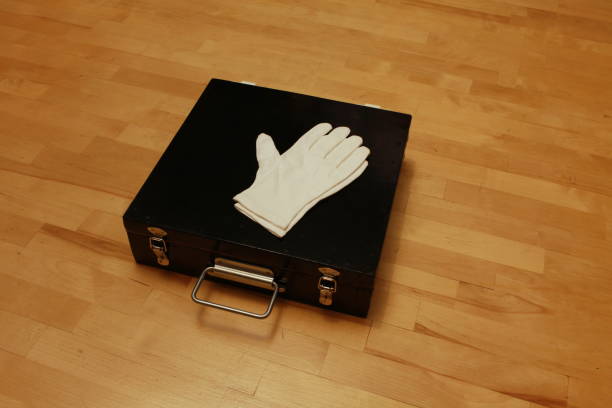 white gloves, black magician's suitcase, still life