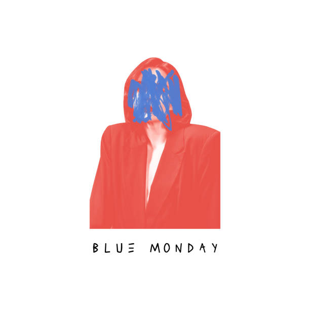 Poster. Contemporary art collage. Woman with blue scribble over face symbolizing confusion after weekend highs with text blue Monday. Concept of Blue Monday, melancholy, afterparty mood.