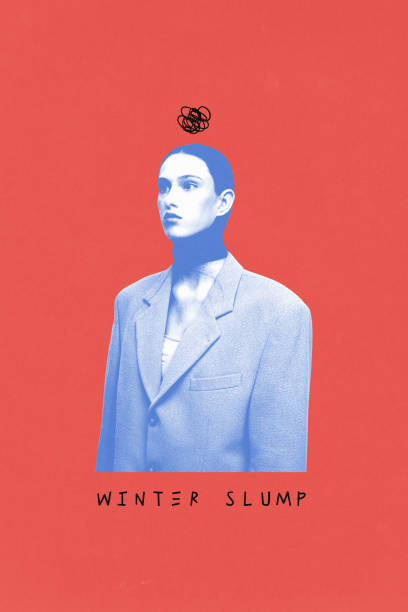 istock Poster. Contemporary art collage. Woman in blue filter and tangled scribble above head reflecting mental clutter and heavy emotions of winter slump. 2192105803