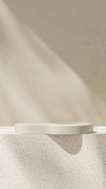 istock Empty mockup featuring a ceramic textured podium against a simple brown wall in a portrait layout 2192107830
