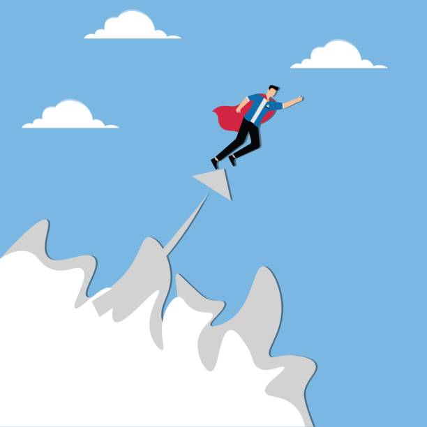 istock Super Businessman, Professional or Focused, Successful Career or Business Development and Growth, Cape Wearing Businessman and Arrows Flying Together to the Sky 2192108985