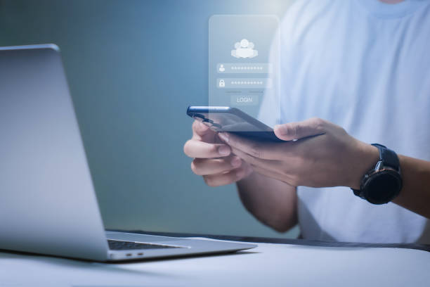 istock Login screen, Cybersecurity and privacy concepts to protect data. Lock icon and internet network security technology. Businessmen protecting personal data on laptops and virtual interfaces. 2192109223