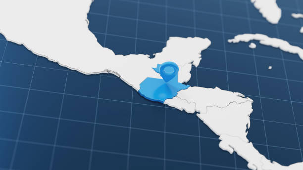 Blue Guatemala 3d map with pointer pin surrounded with other countries in white. Europe political map with borders. 3d render illustration.