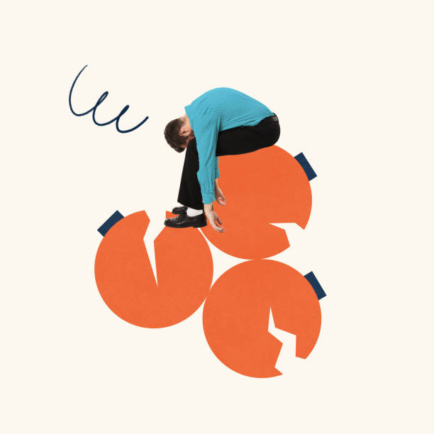 istock Contemporary art collage. Man sitting on broken orange spheres, symbolizing burnout and struggle to balance responsibilities during intense work periods. 2192114257