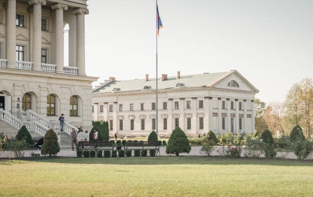Rear exit of Rozumovsky Palace in Baturyn Porch with columns of a palace in classicism style. Rozumovsky Palace in Baturyn - former hetmans' capital city. Baturyn, Chernihiv region, Ukraine - October 14 2020. baturyn stock pictures, royalty-free photos & images